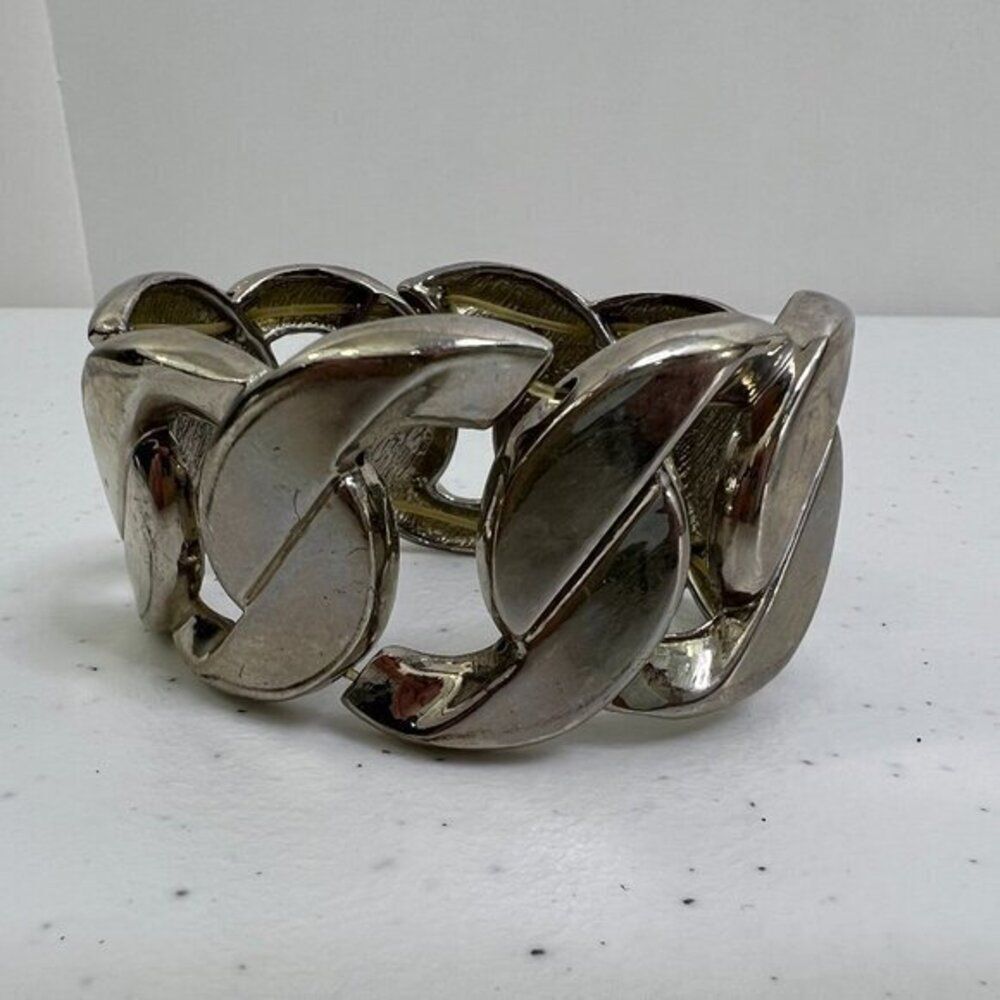 Chunky Chain Bracelet‎ Huge Stretch Silver Tone Links Flat Cuban Big Statement
